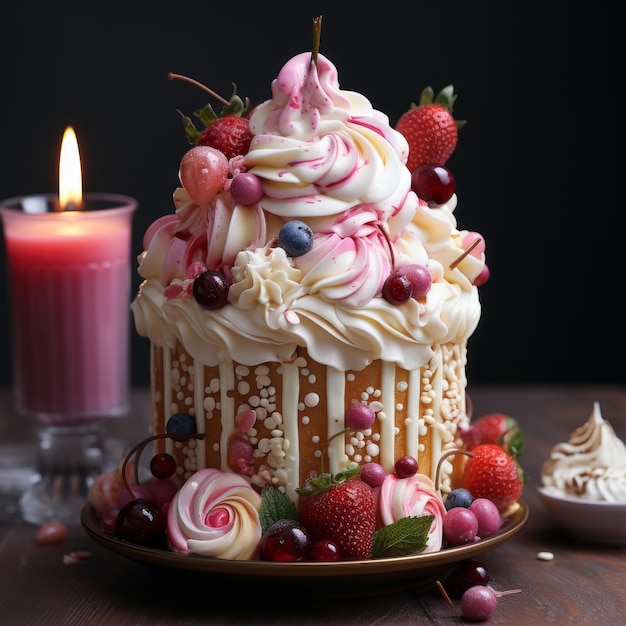 Um bolo de aniversário bonito e delicioso.