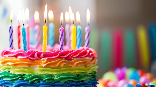 Um bolo de aniversário brilhantemente iluminado está sobre uma mesa. O bolo é coberto com cobertura de cores arco-íris e coberto por dez velas acesas.