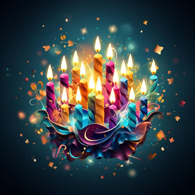 Foto um bolo de aniversário colorido com uma vela colorida no meio