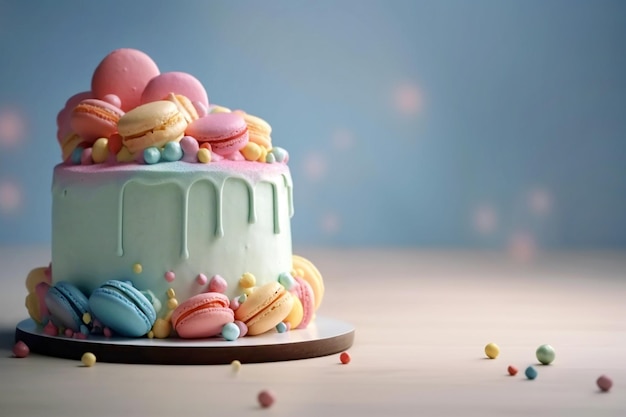 Um bolo de aniversário colorido em fundo pastel Doce e delicioso espaço de cópia de bolo de feliz aniversário Conceito de celebração foco seletivo gerado por IA