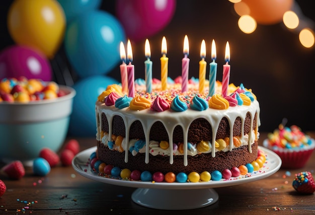 um bolo de aniversário com as velas acesas