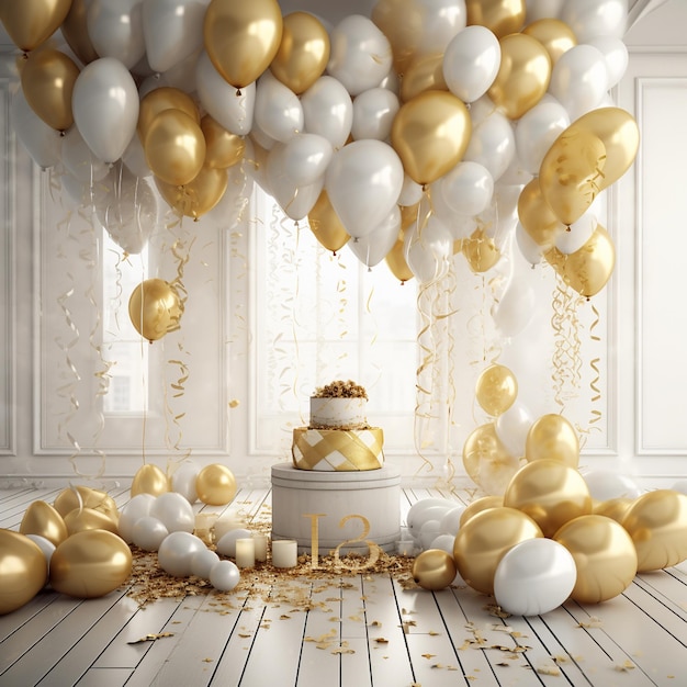 Foto um bolo de aniversário com balões e balões de ouro no chão
