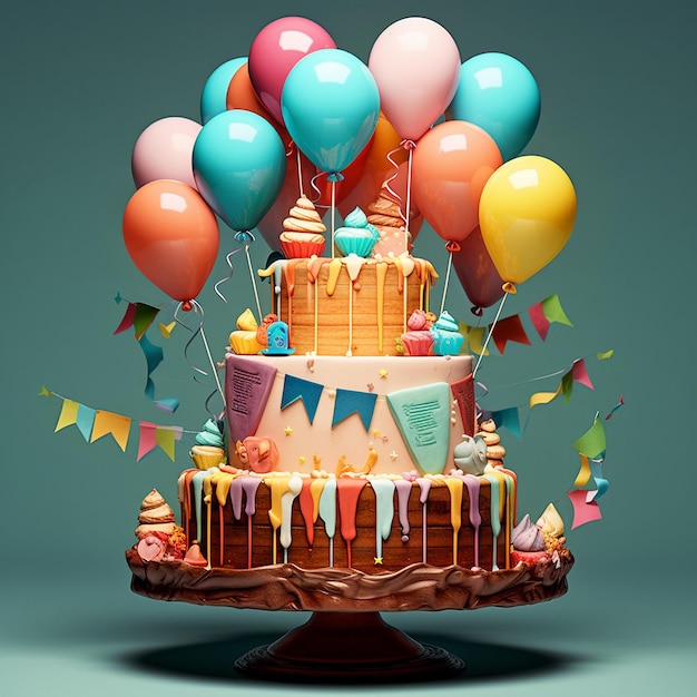 um bolo de aniversário com balões e um banner que diz "feliz aniversário".