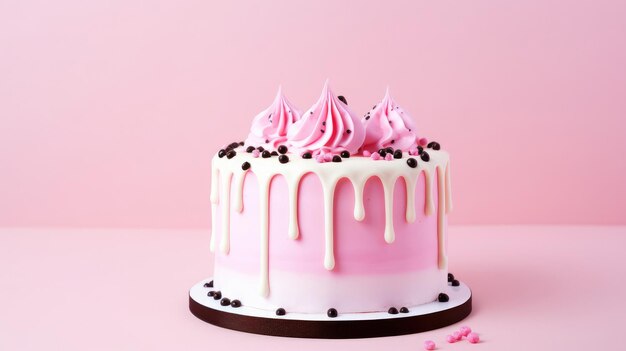 Um bolo de aniversário com creme de manteiga em um fundo rosa