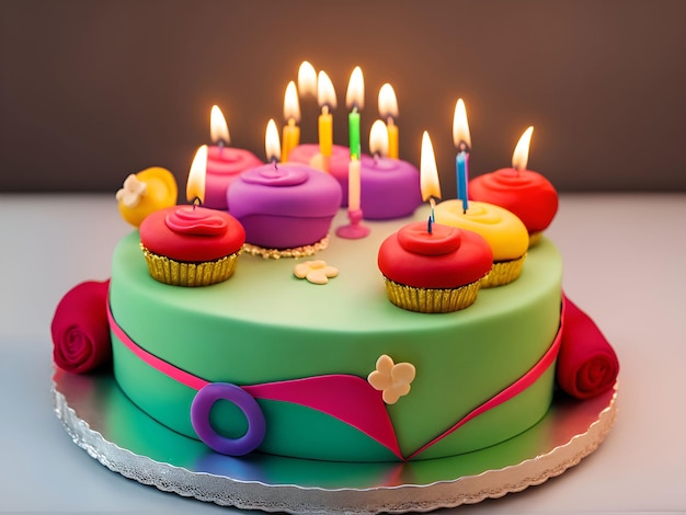 Um bolo de aniversário com cupcakes e velas