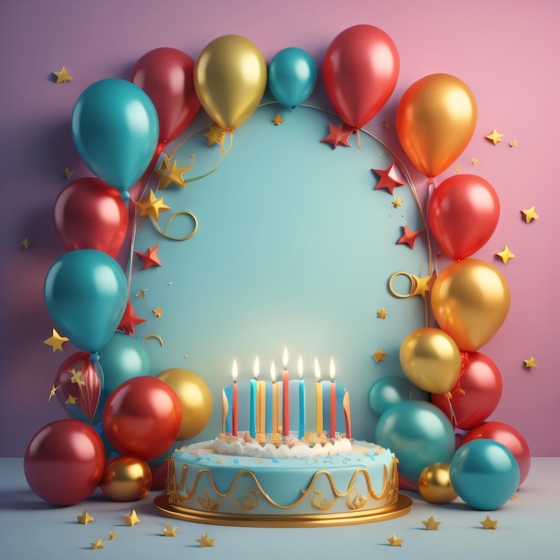 Um bolo de aniversário com um monte de balões e um bolo de aniversário com velas.