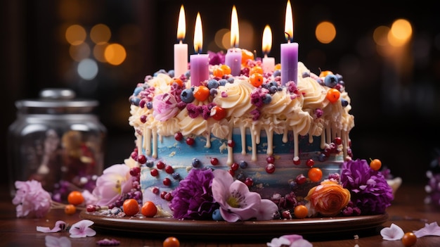 Um bolo de aniversário com velas coloridas nele
