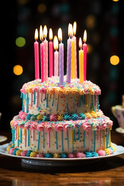 Um bolo de aniversário com velas coloridas nele