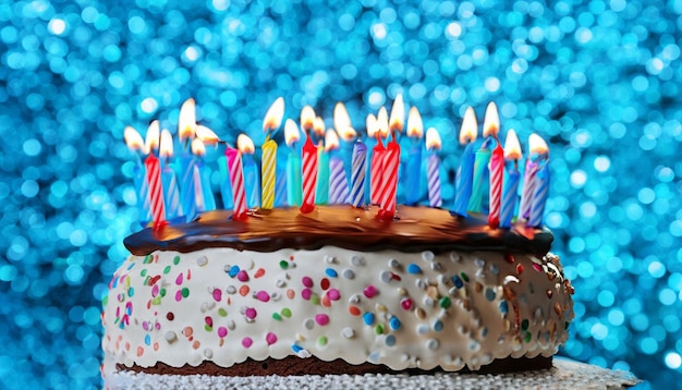 Um bolo de aniversário com velas e um fundo azul