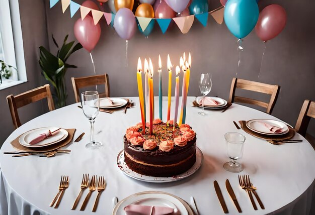 um bolo de aniversário com velas em cima dele senta-se em uma mesa com um bolo e uma vela no meio