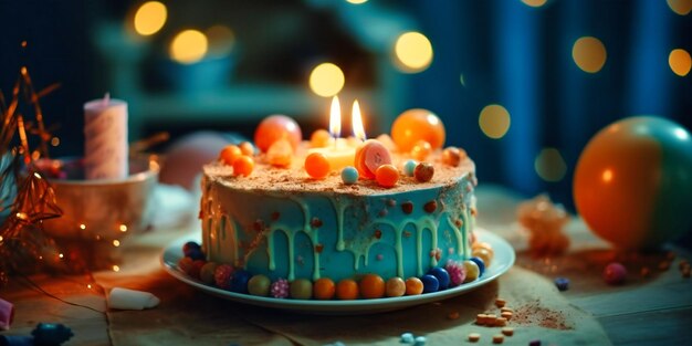 Um bolo de aniversário com velas em um fundo azul