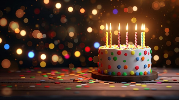 um bolo de aniversário com velas em uma mesa de madeira festa de aniversário celebração carta de saudação bandeira