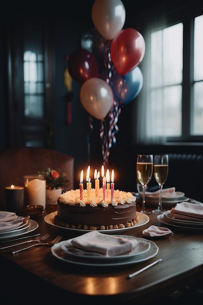 um bolo de aniversário com velas em uma mesa