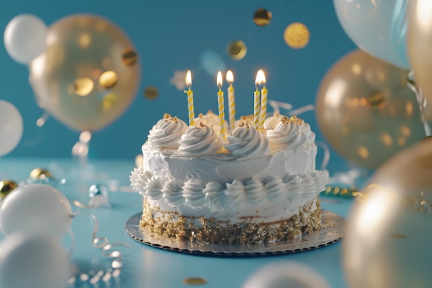 Um bolo de aniversário com velas na mesa com fundo azul