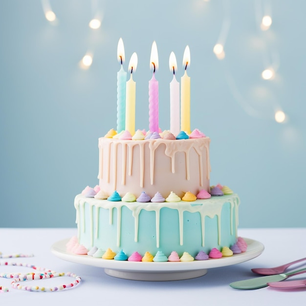 Foto um bolo de aniversário decorado com velas queimadas e creme colorido gerador de ia