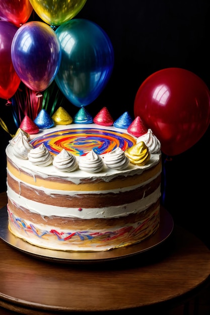 Um bolo de aniversário em cima de uma mesa de madeira