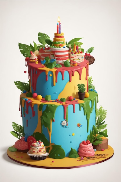Foto um bolo de aniversário feito de uma floresta tropical
