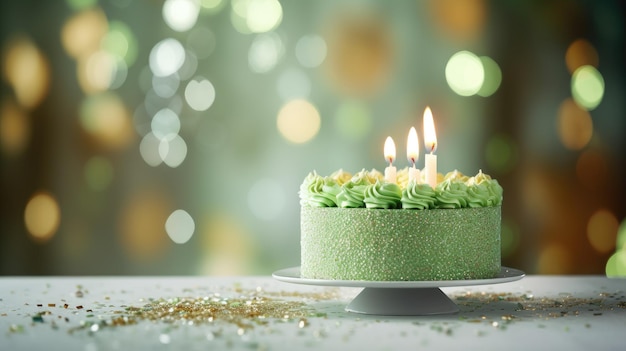 Um bolo de aniversário festivo com velas acesas está em um suporte na mesa