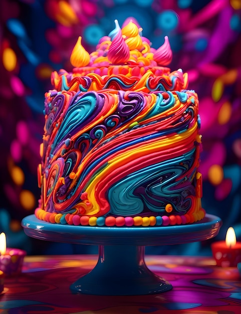 Um bolo de aniversário hipnotizante e vibrante.