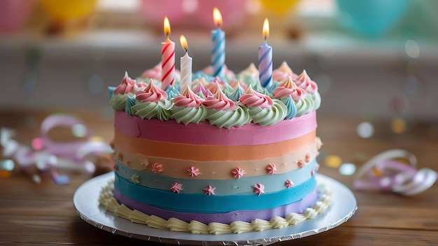 Foto um bolo de aniversário lindamente decorado com velas acesas está em uma mesa pronto para ser desfrutado