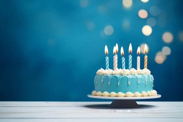 Um bolo de aniversário para um menino com velas e espaço para texto ao lado Generative Ai