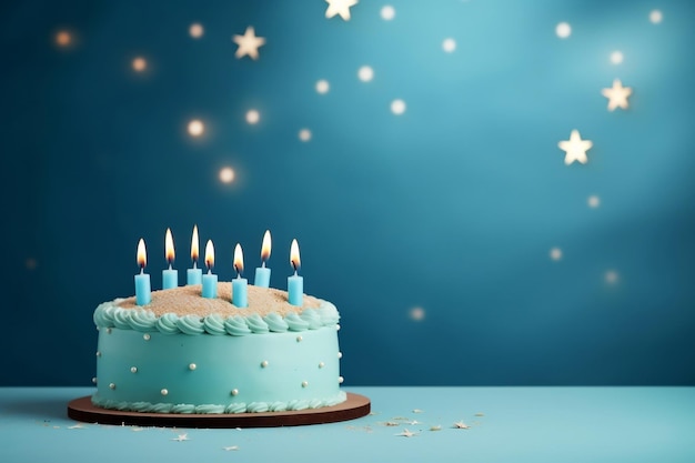 Um bolo de aniversário para um menino com velas e espaço para texto ao lado Generative Ai