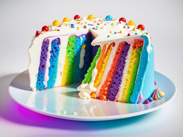 Um bolo de arco-íris colorido com fundo branco