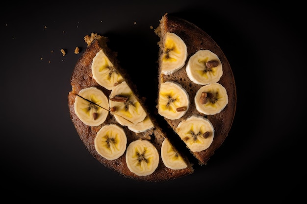 Um bolo de banana com uma fatia cortada