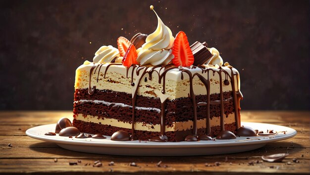 Foto um bolo de baunilha de chocolate com um morango no topo