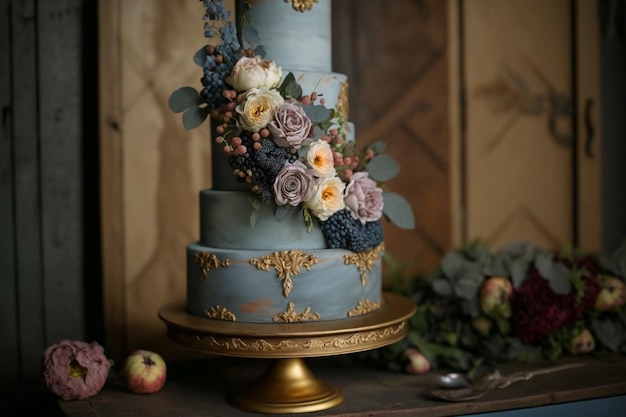 Um bolo de casamento azul com flores no topo