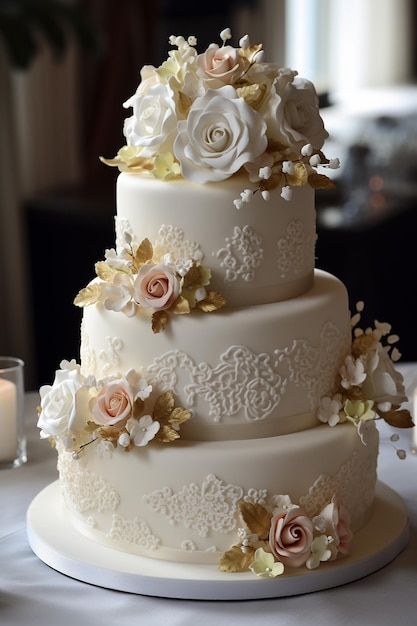 Um bolo de casamento branco com flores douradas e detalhes