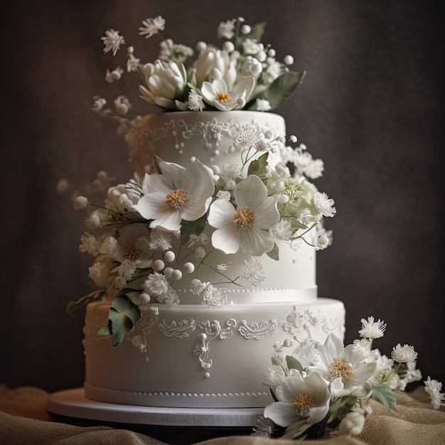 Um bolo de casamento com flores brancas em uma mesa