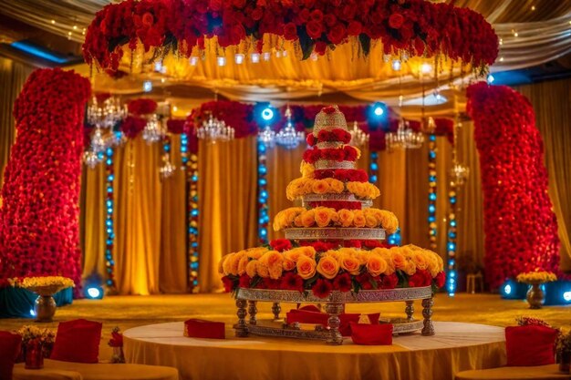 Foto um bolo de casamento com flores no topo e um bolo no topo