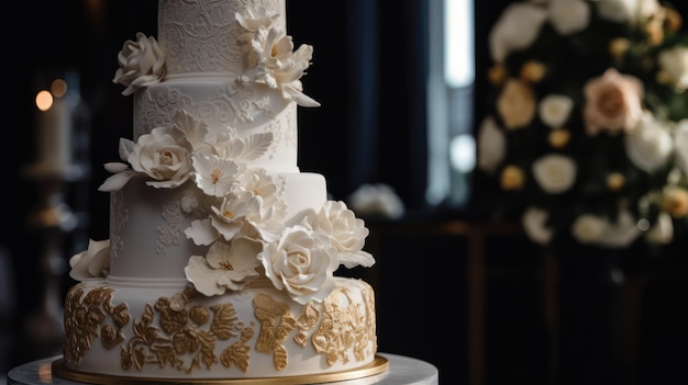 Um bolo de casamento com ouro e flores brancas