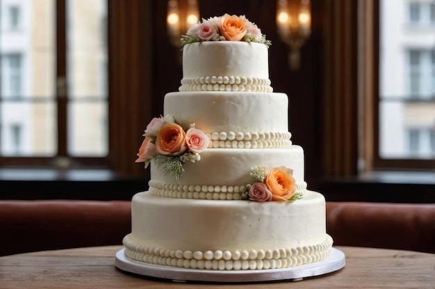 Foto um bolo de casamento com rosas.