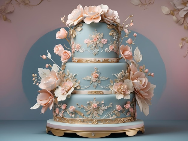 Um bolo de casamento de três camadas lindamente trabalhado adornado com intrincadas flores de açúcar