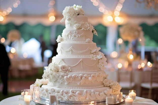 Um bolo de casamento luxuoso de várias camadas com decorações florais cor-de-rosa e brancas em um local elegante