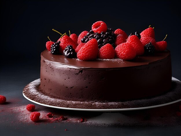 Foto um bolo de chocolate com bagas e framboesas na parte superior em um fundo escuro