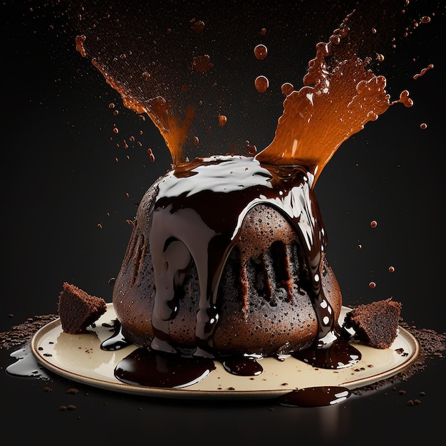 Um bolo de chocolate com calda de chocolate e calda de chocolate está sendo derramado sobre ele.