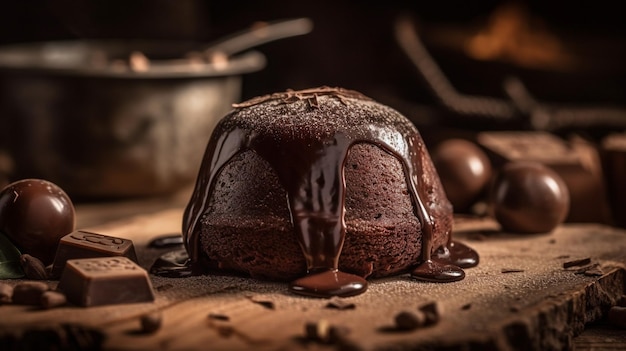 Um bolo de chocolate com calda de chocolate e grãos de café em uma mesa de madeira