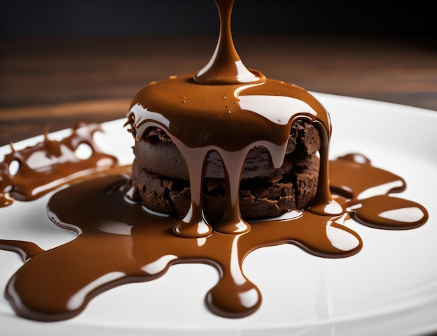 Um bolo de chocolate com calda de chocolate escorrendo por cima.