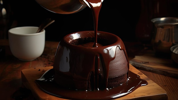 Um bolo de chocolate com calda de chocolate sendo derramado sobre ele