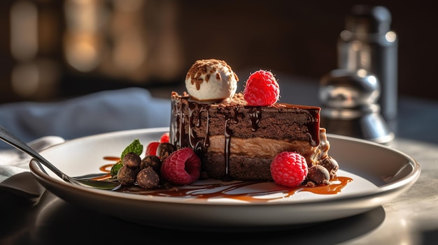 Um bolo de chocolate com calda de framboesa e sorvete de chocolate