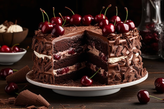 Um bolo de chocolate com cerejas em cima