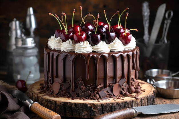 Um bolo de chocolate com cerejas no topo.