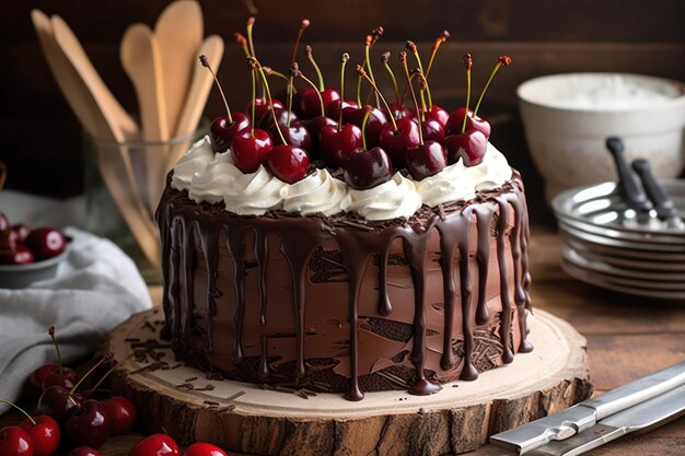 Um bolo de chocolate com cerejas no topo.