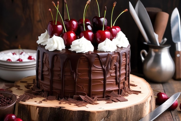 Um bolo de chocolate com cerejas no topo.