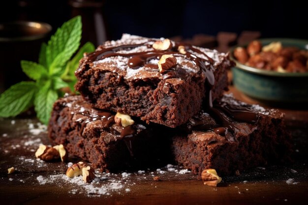 um bolo de chocolate com chocolate e uma tigela de nozes em cima da mesa.