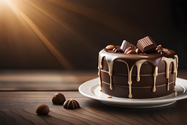 Um bolo de chocolate com chocolates em um prato