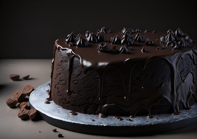 Um bolo de chocolate com cobertura de chocolate e alguns pedaços de chocolate ao lado.